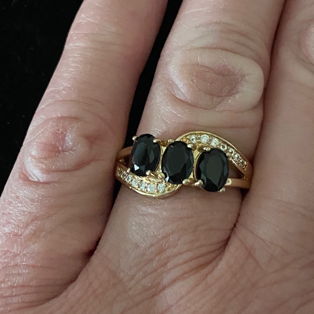 Sz 7 STAMPED 925 14 K GF 3 BLACK SAPPHIRES RING - Picture 4 of 11